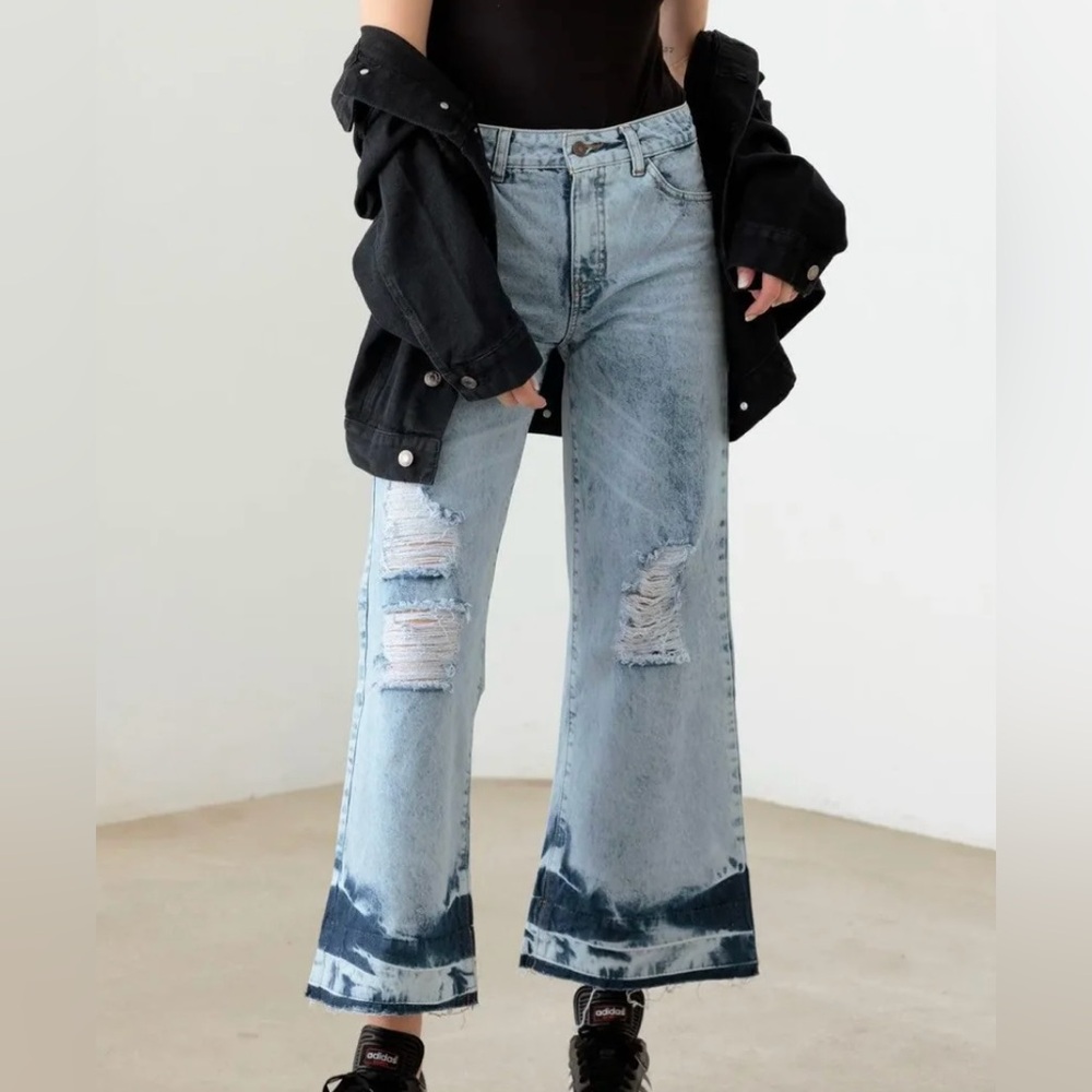Uniq by Litz acid washed distressed Flared wide leg Jeans